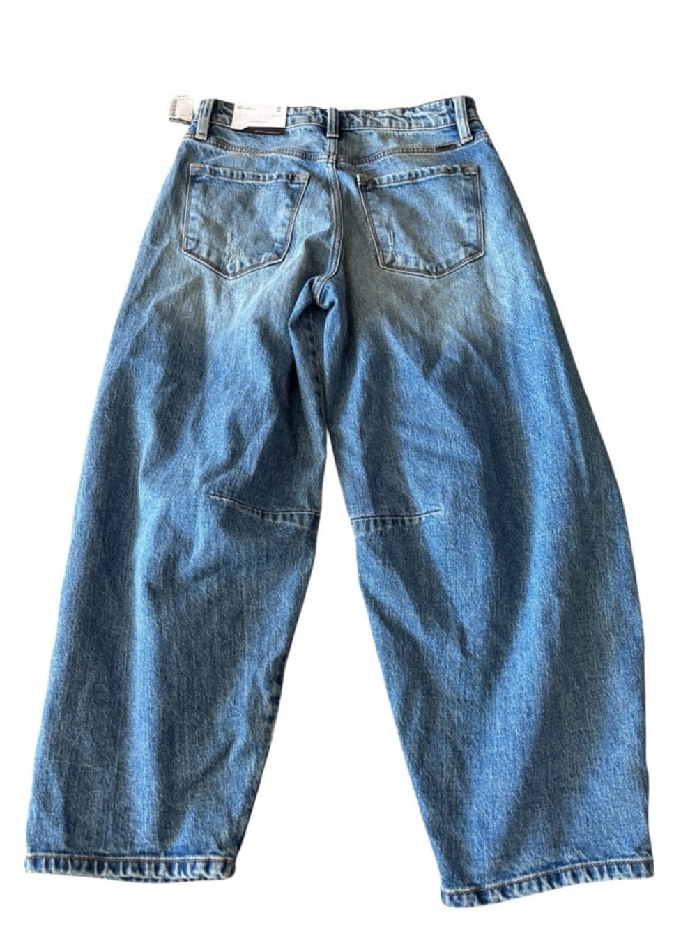Kancan High Rise Horseshoe Jeans Distressed Barrel Leg Denim Size 5/26 NWT